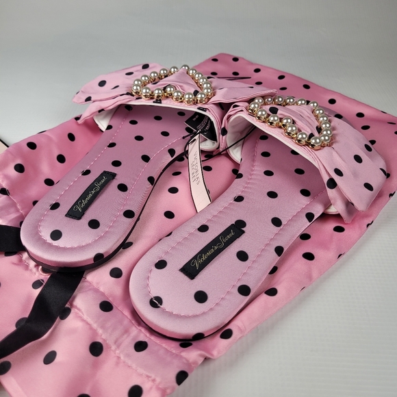 NWT Victoria's Secret Embellished Satin Bow Slide Pearl Heart Slppers Sz M 8-8.5 - Picture 7 of 9